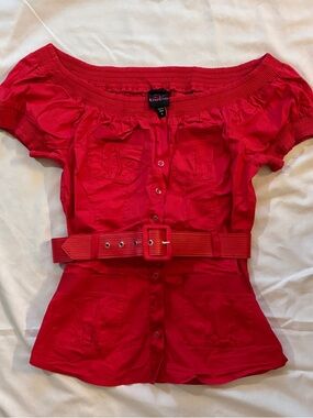 bebe Red Off-Shoulder Button Front Top with Belt